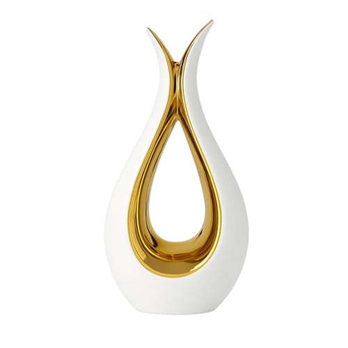 White & Gold Ceramic Flower Vase – 23cm Modern Minimalist Home Ornament, Slim Water-Tight Design for Small Fresh or Dried Flowers, Elegant Living Room Decoration for Couples