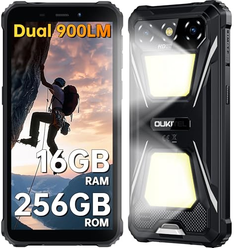 OUKITEL G5 Rugged Smartphone(2025), 900LM Dual Camping Light, 16GB RAM + 256GB ROM/1TB TF, 6300mAh Battery, 6’’ Display Mini Rugged Phone, 4G Dual SIM Unlocked, 3.5mm Jack - Black