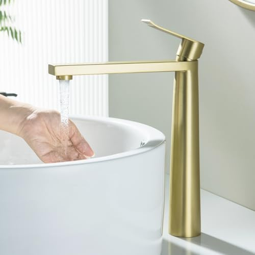 BAITUJIE Rubinetto alto per lavabo, oro spazzolato a vita alta rubinetti da bagno per lavabo alto rubinetto miscelatore monocomando quadrato monoblocco