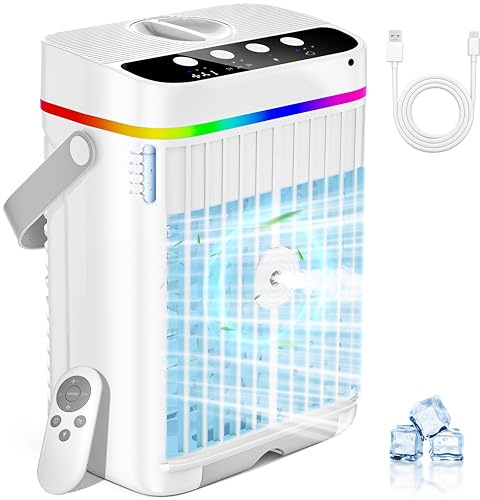 Mini Portable Air Conditioner, 4 -in-1 Air Cooler with 1250ML Tank, 3 Speeds & 1-3 H Timer & 7 Colour Lights - Personal Evaporative Air Cooler Fan Color for Bedroom Desk Home Office