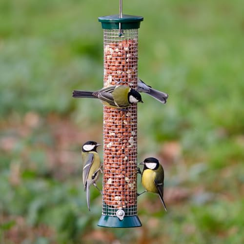 CJ Wildlife Futtersäule Vögel – Erdnusssäule Metall Grün – Vogelfuttersäule ohne Netz – Vogelfutterspender zum Aufhängen – 5 Jahre Garantie