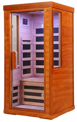 1&2 Person Far Infrared Sauna Room, Hemlock Wood Indoor Sauna with Clear Glass Front Door, 6&7 Color Light Therapy, Low EMF Carbon Heaters for Home Spa Relaxation