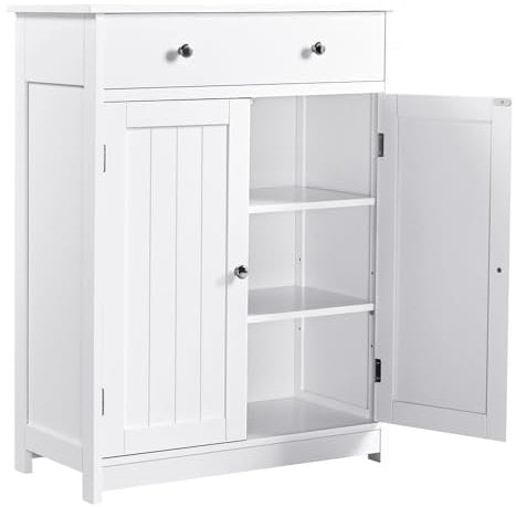 Yaheetech Armadietto da Bagno Autoportante, Mobile da Terra con Ripiano Regolabile Bianco, 80 x 60 x 30 cm, Mobiletto in Legno con 2 Ante e Cassetto, Armadio da Ingresso Portaoggetti