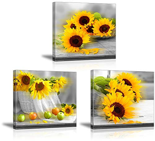 Piy Painting Sonnenblumen Kunstdruck auf Leinwand Moderne Wandgestaltung Blume Foto - Gedruckt Gerahmt Bild Kunstwerk für Schlafzimmer Décor - Geburtstagsgeschenk für Freunde - 30x30cm, 3 Teilig