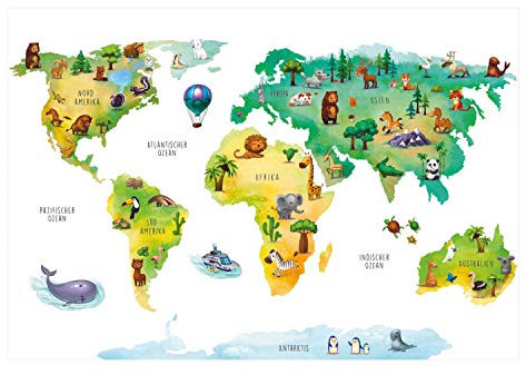 202 Wandtattoo Weltkarte mit Tieren - Kinderzimmer Wanddeko Größe 1250 x 860 mm