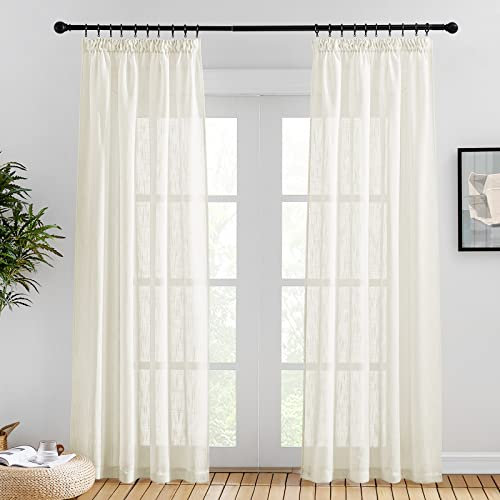 PONY DANCE Vorhänge Wohnzimmer Gardinen Leinenoptik - 2 Stücke H 220 x B 140 cm Voile Gardinen mit Kräuselband Vorhang Halbtransparent Gardinen Landhausstil, Hellbeige