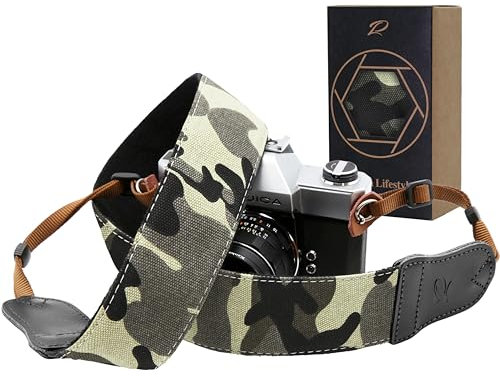 Padwa Lifestyle Camouflage Camera Strap - 2 Wide Cowhide Head, Embroidered Cotton Woven Vintage Camera Straps,Universal Neck & Shoulder Strap for All DSLR Cameras and Men & Women Photographers