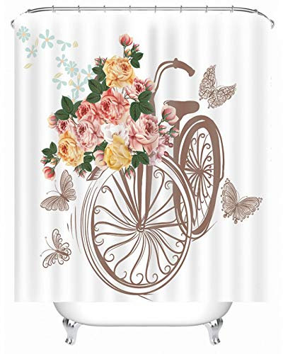 Banemi Duschvorhang Motiv Antischimmel, Shower Curtain Anti Mould Weiß Fahrrad Blumen Schmetterling 165X180cm für Eck Dusche mit 12 Duschvorhangringen