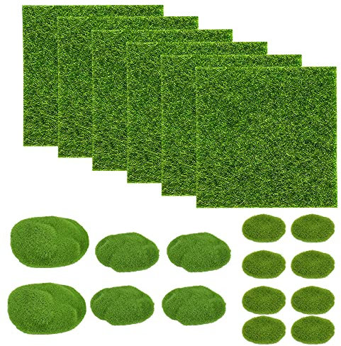 SNAGAROG 6 PCS Mini Pelouse Artificielle Miniature Carré Gazon Artificiel 15x15cm Tapis Herbe Synthétique Carré Fausse Pelouse avec 14 Mousse Artificielle Rocks pour Micro Paysage Jardin Décoration