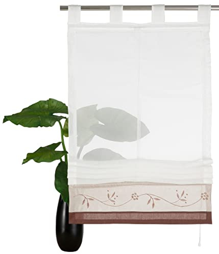 Devola Voile Raffrollo transparent Raffgardinen mit Schlaufen Blumenmuster Stickerei Fenstergardinen Faltvorhang Modern Rollo Küchengardine Tür Vorhänge BxH 100x155cm Kaffee 1er Pack