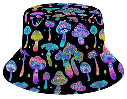 Pilzhut, verstaubar, für Reisen, Strand, Sonnenhut, Rave-Outfits, Rave-Zubehör, Fischermütze für Damen und Herren, Pilze psychedelisch bunt, Einheitsgröße