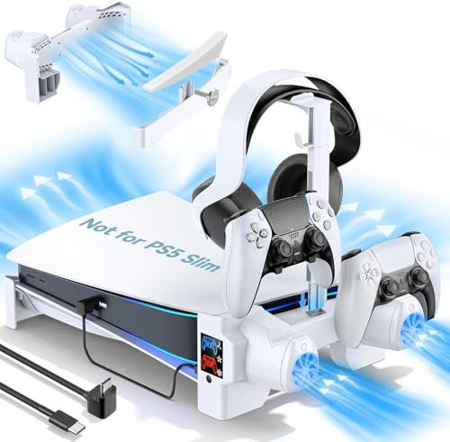 PS5 Horizontal Stand with 3-Level Cooling Fans - PS5 Accessories Controller Charging Station