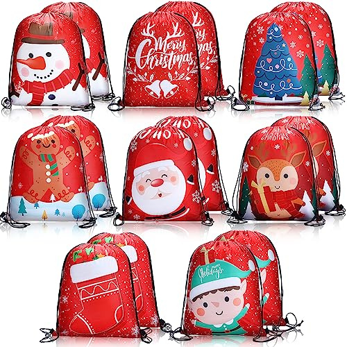 Tatuo 16 Stück Weihnachten Rucksack Taschen | Kordelzug Design, Weihnachtsbaum, Weihnachtsmann, Schneemann, Elch, Strümpfe Muster, Ideal für Weihnachten Geschenke