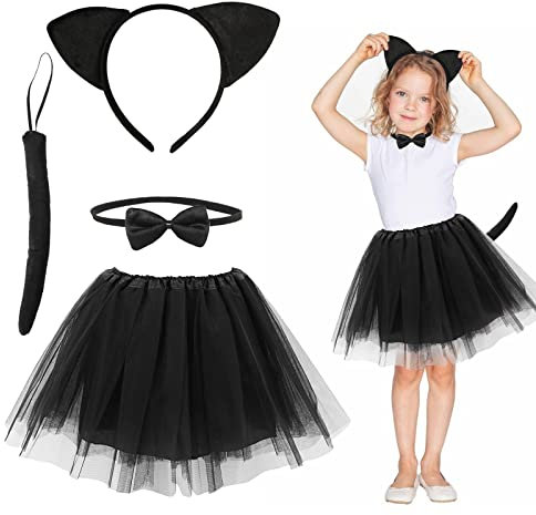 Costume da Gatto Nero Bambina,Travestimento Gatto Gattina Cosplay Set,Tutù Gonna Orecchie Coda Papillon,Costume da Animale per Ragazze Per Halloween Carnevale Cosplay Festa Regalo