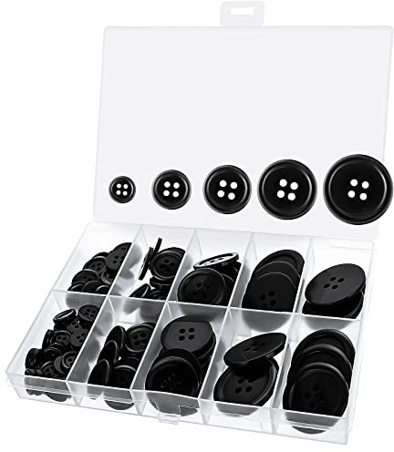 100 Stücke Knöpfe Schwarze Kunststoffknöpfe Kunstharz Nähknöpfe 4 Loch Rund Knopfriemen Aufbewahrungsbox für Mantel Hemd Kleidung Nähen Handwerk Scrapbooking DIY 10/12/15/20/25 mm