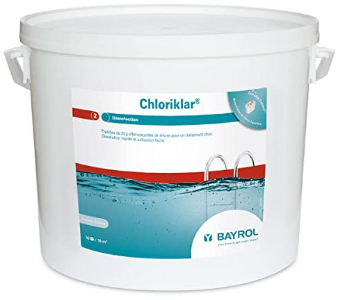 BAYROL Chloriklar 10 kg - Pastilles effervescentes de Chlore 20g - chloration Choc Piscine - désinfection Rapide - Traitement des algues Vertes & Eau Trouble - Dosage Facile et Dissolution Rapide