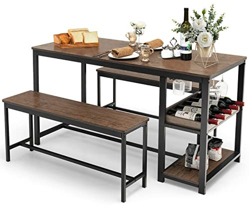 COSTWAY Dining Table Set with 2 Benches, Kitchen Table and Benches with Glass Holder, Wine Rack & Storage Shelf, 3 PCS Space-Saving Breakfast Dinette Table Furniture Set for 4 People