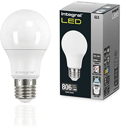 Integral Ampoule LED E27 2 PACK GLS A60 Lumière du jour 5000K, 806LM, 7W (équivalent à 60W) Ampoule dépolie non dimmable - Efficace en énergie et idéale pour les appliques et lampes dans les salons
