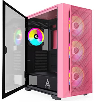 Apevia Destiny-MESH-PK Destiny Mesh Mid Tower Gaming PC Case w/ 4X 120mm ARGB Fans, 366 RGB Light Modes, 1x Metal Mesh Front Panel, 1x Door Swivel Style Magnetic Glass Side Panel, 2X USB3.0, Pink