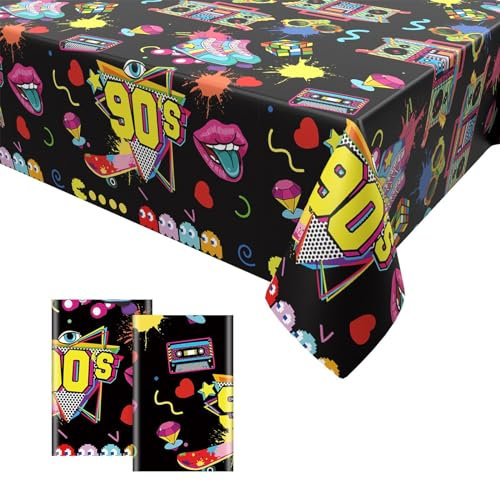 GRESATEK 2PCS 90er Party Tischdecken,90er Geburtstags Party Tischdecke Dekorationen Einweg Plastik Wasserdicht Tischdecke Hip Hop Themen Party Deko für 1990er Jahre Themen Party 137 x 274cm