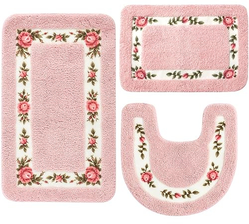 Drydiet Badezimmerteppich-Set mit Rosenblumen, kokett, Raumdekoration, floraler Teppich für Badezimmer, Schlafzimmer, Wohnzimmer, Badematte, rutschfest, romantisch, Rosenmuster, 3 Formen, Rosa, Größe