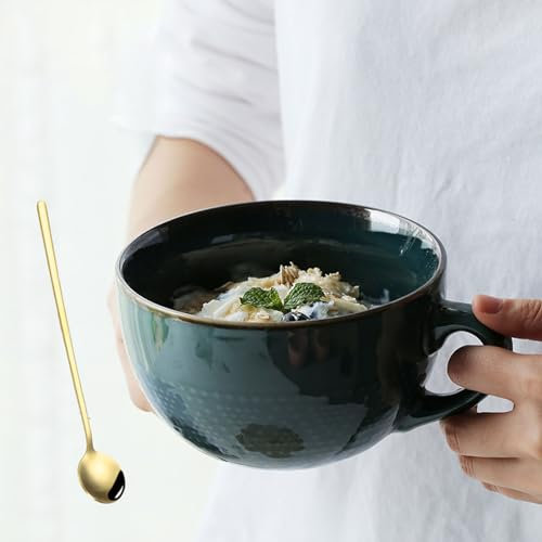hengshukeji 700 ML Large Ceramic Coffee Mug with Coaster and Spoon,Grain Soup Cup/Coffee Mug/Salad Bowl for Coffee, Tea, Ice Cream, Cereal (Dark Green)