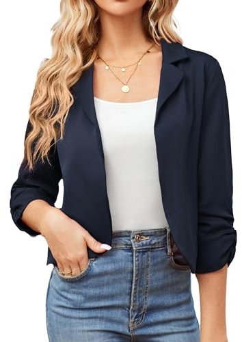 Femme Veste Blazer pour Bureau Tissu léger à Manches 3/4 Élégant Slim Fit L Bleu Marine Tissu de Costume