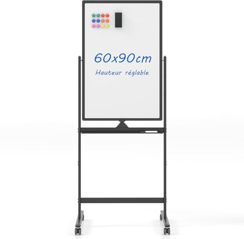 COSTWAY Tableau Blanc Effacable 60 x 90 cm, Tableau Blanc sur Pieds Double Face, Hauteur Réglable sur 2 Positions, Tableau Blanc Magnetique Roulettes pour École, Bureau (Noir)