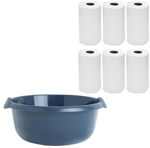(Set of 2) 1 x 28CM Washing Up Bowl High Grade Plastic Round Sink Tidy Bowl With 6 x Centrefeed White Hand Towel Rolls 2 Ply Recycled Wiping Paper Tissue Kitchen Towels For Cleaning (Navy)