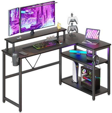 HEEYUE Computer desk, L-shaped Gaming Desk with Large Monitor Stand,Corner Desk with 2-Layer Storage Shelf, Computer Workstation for Home Office (Black Carbon Fiber)