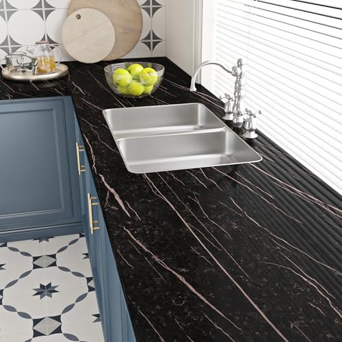 Livelynine Carta Adesiva per Mobili Effetto Marmo Nero Pellicola Adesiva per Mobili Cucina Top Lavabile Carta da Parati Adesivo Muro Rosa Marmo Bagno Paraschizzi Cucina Adesivo 40CMx2M