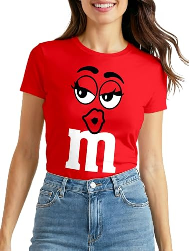 MoonWorks® Damen T-Shirt Fasching Karneval M Aufdruck Gruppen- Kostüm Verkleidung Last Minute Faschingskostüme Frauen Slim Fit Rot L