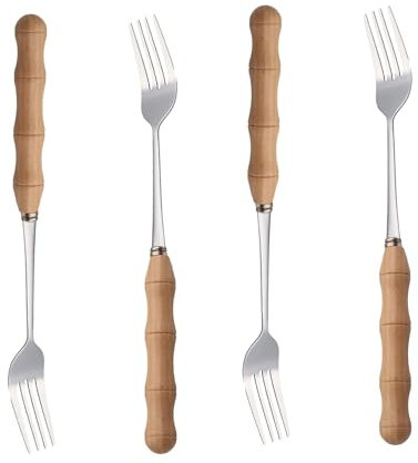 Chenshuo Juego de cubiertos de acero inoxidable con mango de madera, tenedores de metal para el hogar, cocina, restaurante, hotel, tenedores pulidos con mango redondo de madera, 4 piezas