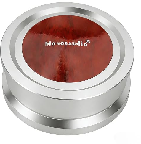 Monosaudio Plattengewicht RT290, 290g aus Aluminium und rotem Holz, LP Stabilisator mit weicher Basis und Schwingungsdämpfung, geeignet für die meisten Plattenspieler, Silber