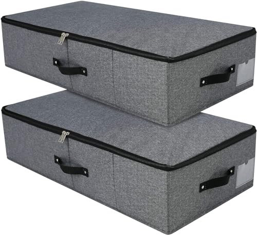 Foldable Under Bed Storage Box with Plastic Support Liner, Handles, Zipper lid, Blankets Clothes Comforters Storage Bin Organizer for Bedroom and Closet, 74.5×38×18cm, Black Grey, 2PCS