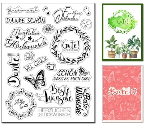 arriettycraft Sentiment in Germany Clear Stamps for Card Making Greeting Words Best Wishes Thank You Silicone Stamps Christmas Tree House Rubber Stamps for Scrapbooking Journals Paper Crafting