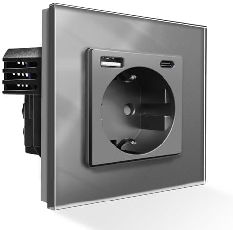 PANGTZEEN Schuko Steckdose mit USB A + Typ C 1 Fach Gehärtetem Glas 86mm Einzel WandSteckdose 16A Typ-F Unterputz EinbauSteckdosen Grau Für Schlafzimmer, Küche, Büro