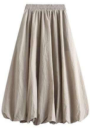 FeMereina Y2K Bubble Maxirock, langer Ballonrock, elegant, hoher Taillenbund, Plissee-Puff, A-Linie, lässig, Rüschensaum, fließend, khaki, Einheitsgröße