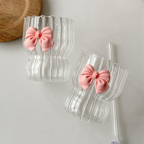 URMAGIC 2 Pcs Vintage Drinking Glasses, 300ml Gourd Shape Iced Coffee Glasses Butterfly Decor Ripple Glass Cups for Water,Beer,Juice,Dessert,Ice Cream,Coffee (Pink)