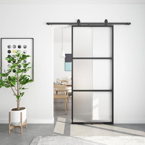 BARNSMITH 34in x 84in Frosted Glass Barn Door with 6FT Top Mounted Hardware kit Include Soft Close Mechanism Black Carbon Steel Tempered Frosted Glass Sliding Door, Assemble Required Easy Installation