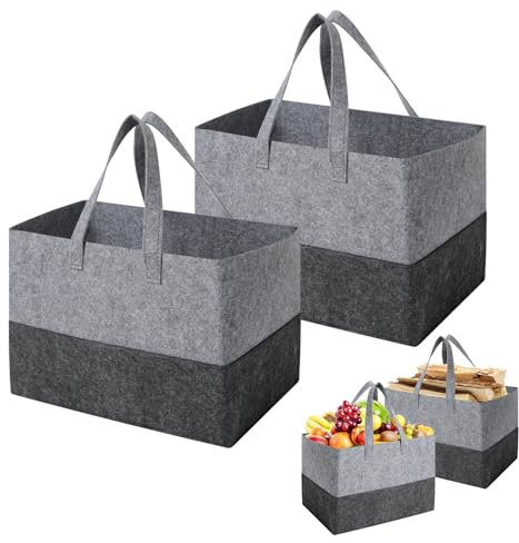 Cozary 2 Stück Filztasche Shopper, 38x25x25cm Faltbar Holzkorb, Filztasche Einkaufstasche, Einkaufskorb Shopper Filztaschen Aufbewahrungskorb für Holz, Zeitungen - Grau