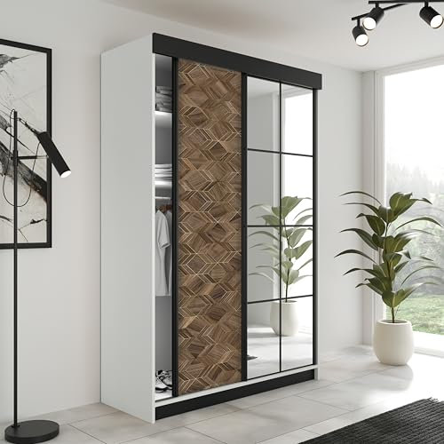 KIER FURNITURE Schiebegarderobe LAMARO mit Spiegel - Schrank Schlafzimmer – Schlafzimmerschrank – Wardrobe Bedroom – Kleiderschränke – Kleiderschrank - 138x205x59 - Weiß & Art Deco