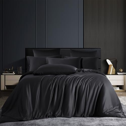 Gezu Bambus Bettwäsche 200x200cm Schwarz Sommerbettwäsche Uni Bambusfaser Bettbezug-Set Atmungsaktiv und kühl Deckenbezug Weiche Doppelbett Bettbezug mit Reißverschluss und 2 Kissenbezüge 80x80