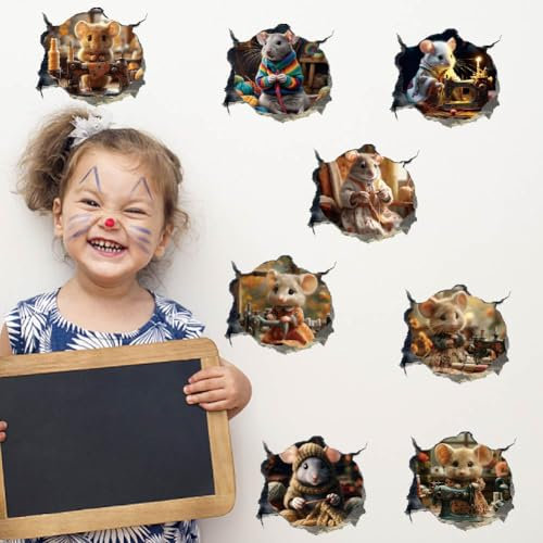 SUPERDANT Nähmaus 3D Wandsticker Maus 3D Wandtattoos Strickende Ratten Selbstklebende Vinyl Kunst Dekoration 3D Mäuse Aufkleber Für Kinderzimmer Wohnzimmer Schlafzimmer Wanddekor