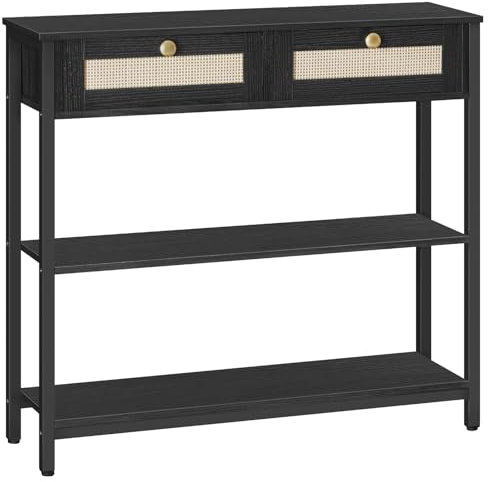HOOBRO Rattan-Like Black Console Table, 3-Tier Hallway Table with 2 Flip-Down Drawers and Storage Shelves, 80 cm, Open and Hidden Storage Space, Woven Decoration, Black EBB02XG01N1