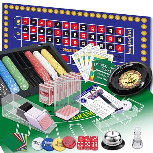 WodGod 5 in 1 Super Casino Game Set: Blackjack/Roulette/Craps/Texas Hold'em/Poker Kit with Shoe+Discard Tray+360 Chip+8 Deck Card+Roulette Wheel+2 Felt+Stratedgy Card+Chip Rake, Casino Poker Set