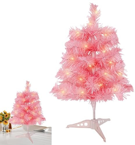 Árbol de Navidad pequeño rosa, árbol de Navidad artificial rosa - árbol rosa artificial con soporte | Decoración estacional con luz LED, decoración de vacaciones para el hogar y el lugar de trabajo