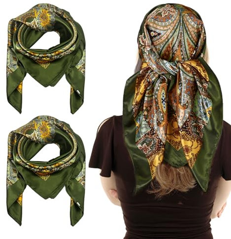 UILYNIU 2 Stücke Women Square Hair Scarf, Quadratisch Deckenschal, Leicht Bandana Halstücher, Satin Headscarf, Elegante Schal Tuch, Halstuch Kopftuch, Als Halstuch Verwendbar, Einheitsgröße (Grün)