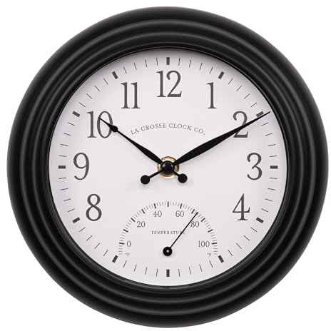La Crosse Clock 433-3020B 8-inch Indoor/Outdoor Black Colby Quartz Wall Clock with Temperature