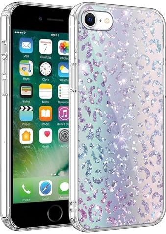 Phoona Phone Case for iPhone 7/8 / SE 2020 / SE 2022 4,7'', Leopard Print Glitter with Cute Aesthetic Design Pattern Clear Transparent Cover, Soft Shockproof Protective Bumper Funda for Women Girls
